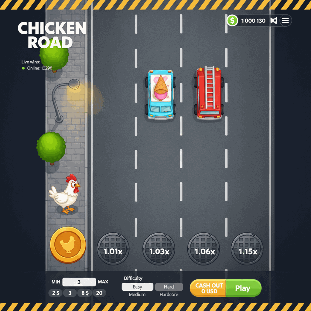 Vista dall'alto di una strada urbana notturna a più corsie con linee di demarcazione luminose, dove un pollo dei cartoni animati avanza tra automobili colorate nel crash game Chicken Road di InOut